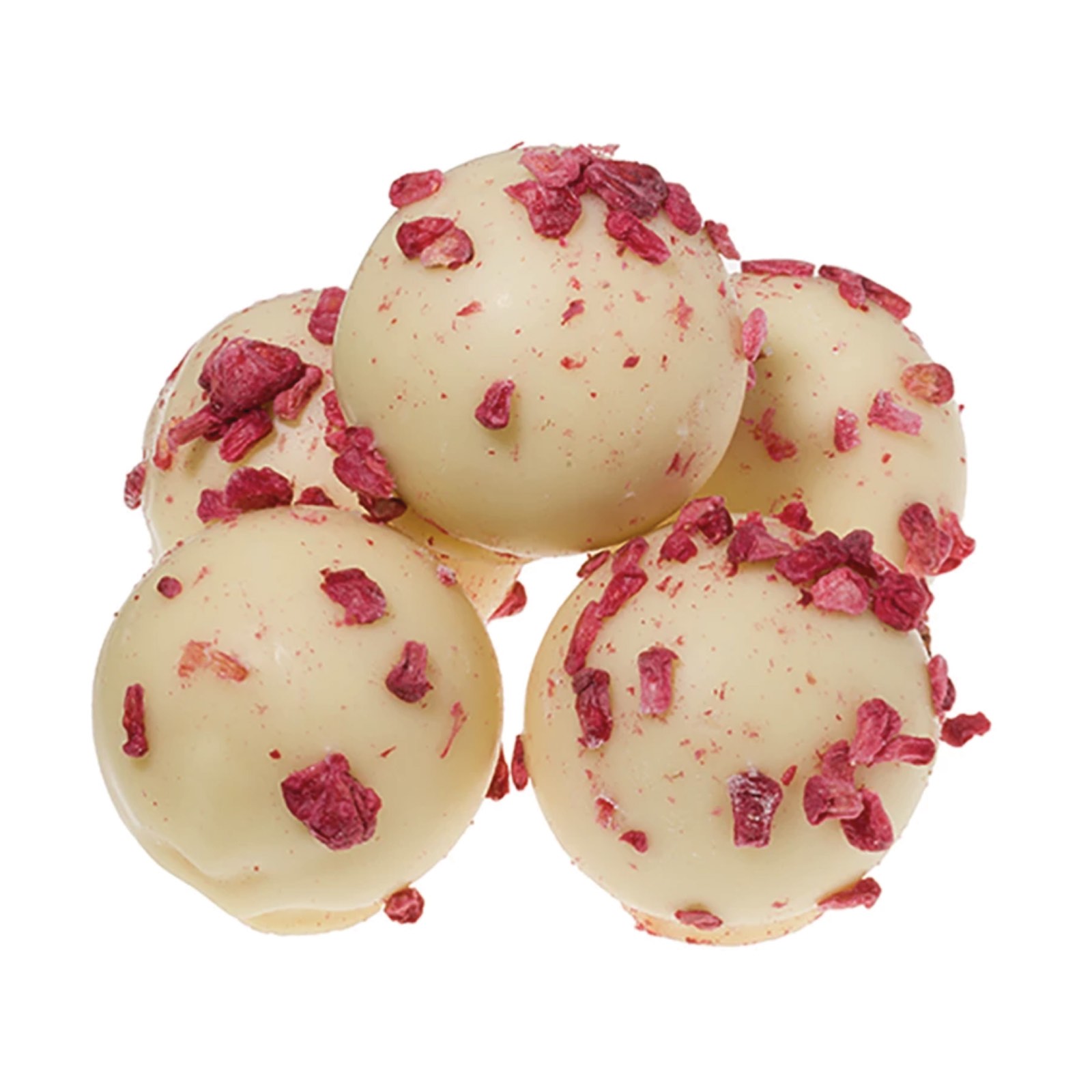 Trufe de ciocolată albă cu zmeură și șampanie în cutie metalică 120G