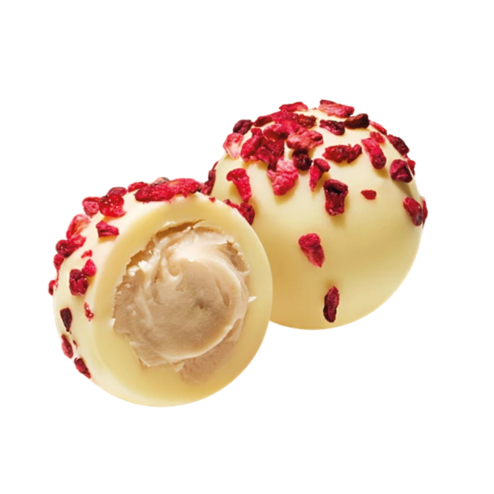 Trufe de ciocolată albă cu zmeură și șampanie în cutie metalică 120G